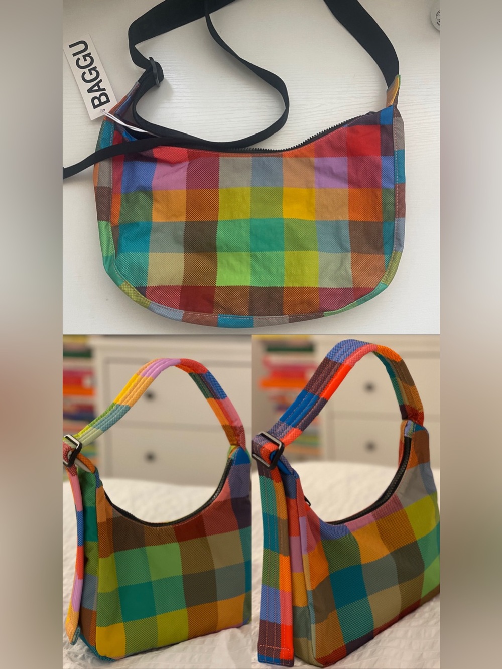 BAGGU Madras Bags (Set of 2) Medium Crescent, Mini Nylon Shoulder